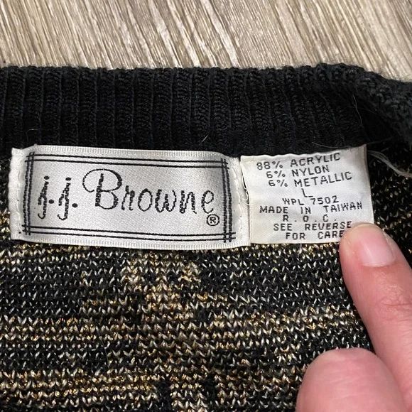 Vintage 90s JJ Browne cardigan grandpa sweater black gold metallic stripes large - Picture 4 of 8